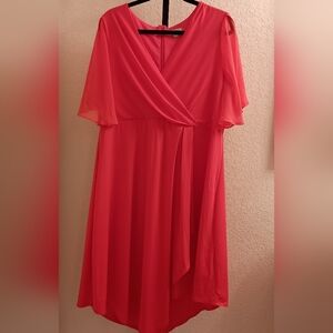 Avenue Dress Pink Coral Chiffon Layered Short Sleeve Asymmetrical  18/20